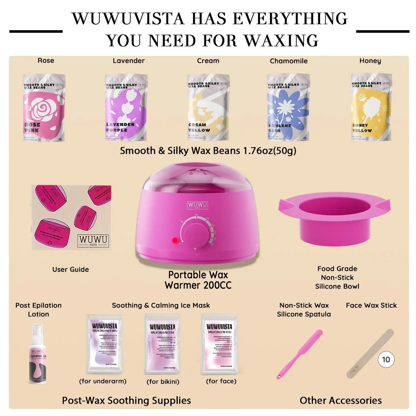 WUWUVISTA - kit complet d'épilation à la cire avec perles de cire, bol, spatule, lotion, masque